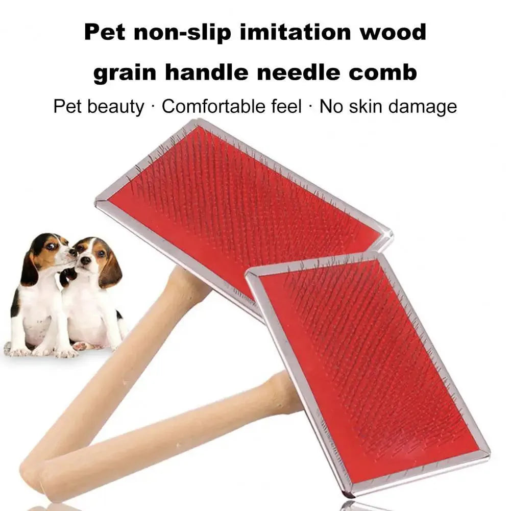 Stainless steel pet grooming comb with wooden handle on a white background for detangling dog and cat fur