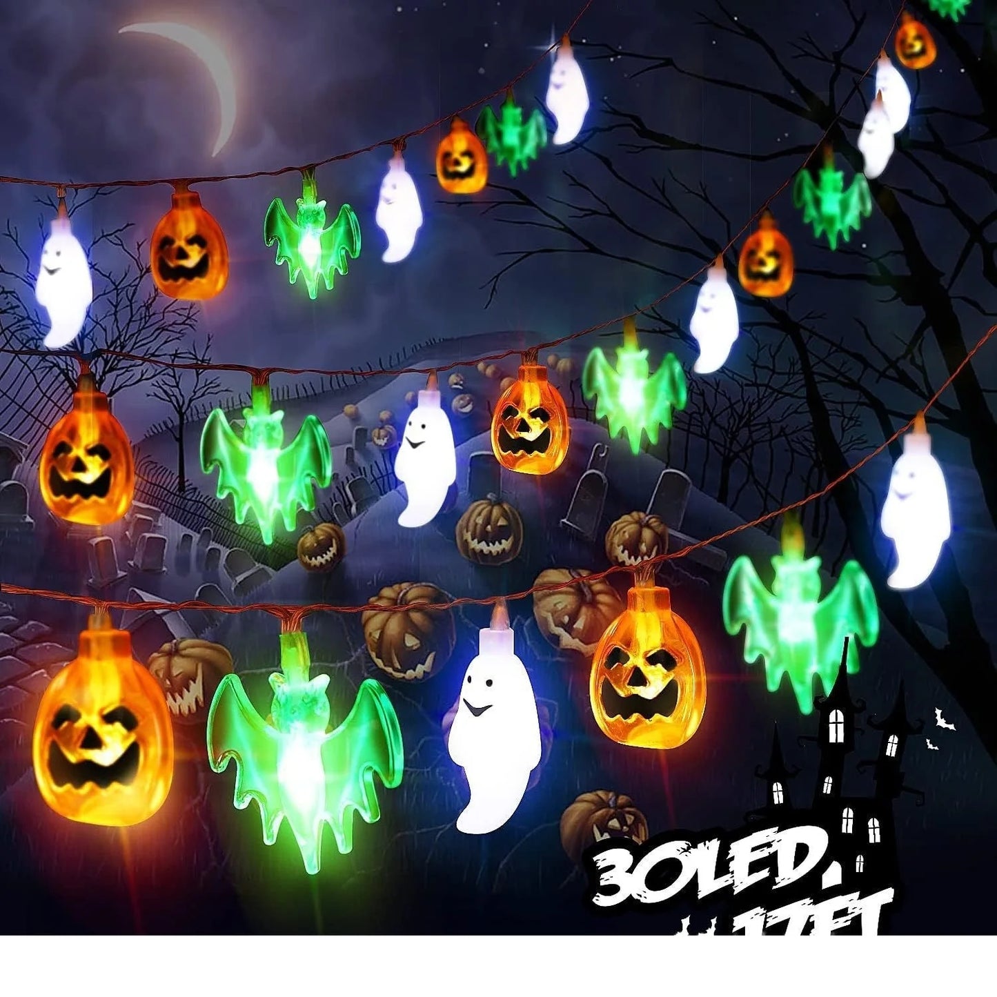 LED Halloween string lights with pumpkin, spider, bat, and skull designs in purple and green