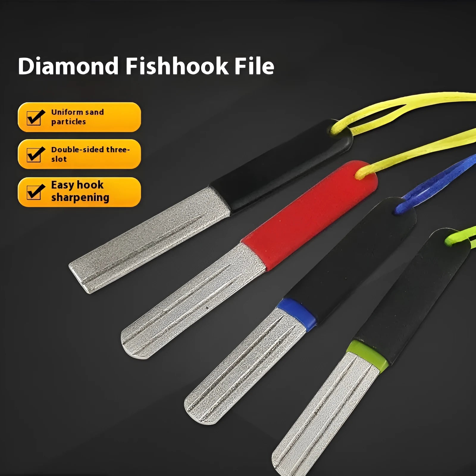 Diamond fishing hook file grinding stone portable tool in red, black, black green, black blue