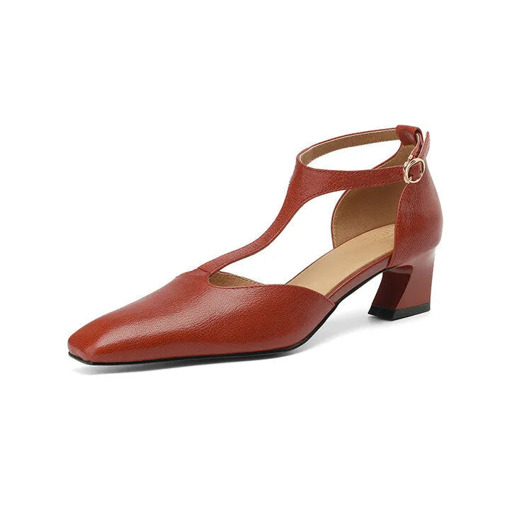 Wine red sheepskin leather shoes with square toe, chunky heel, and buckle fastening