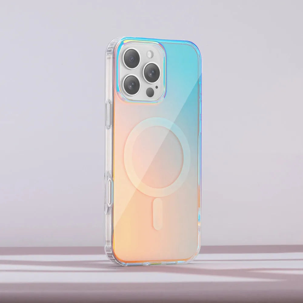 Glossy chameleon colour-changing magnetic suction case for iPhone on a white background