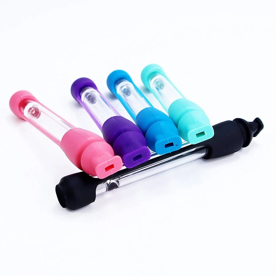 Modern portable glass pipe with silicone features in various colours