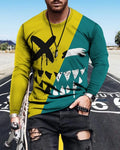 Men's slim fit crew neck long sleeve cotton t-shirt with geometric pattern print in multiple colours