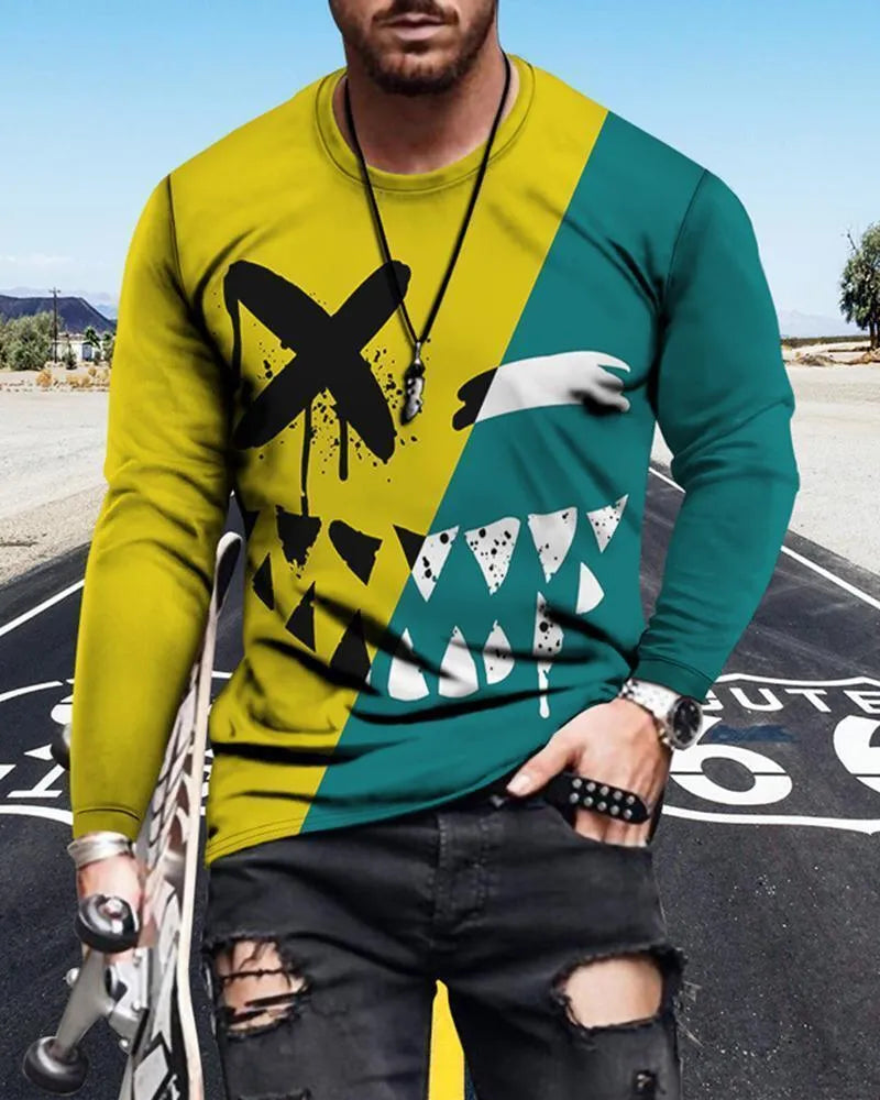Men's slim fit crew neck long sleeve cotton t-shirt with geometric pattern print in multiple colours