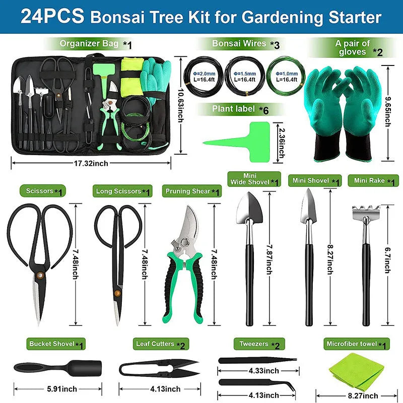 24-piece stainless steel bonsai tools set for potted plant pruning and maintenance, arranged on a flat surface showing various tool shapes.