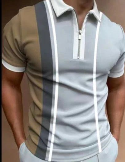 Men's striped polo shirt with lapel collar and short sleeves in various colors
