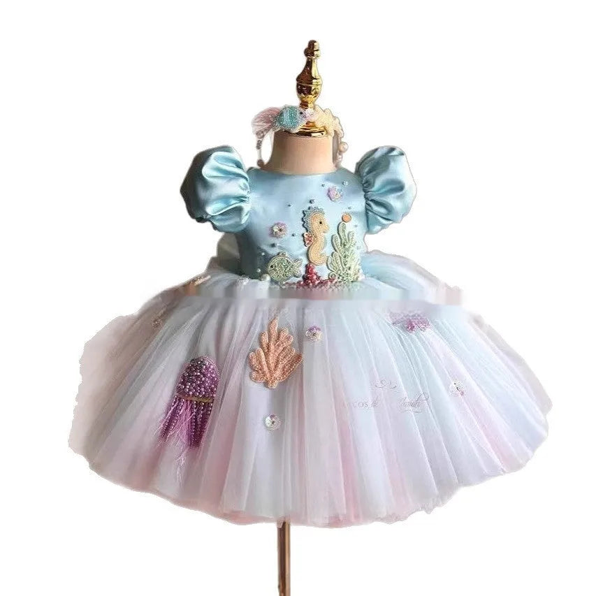 Sky blue girls FARCENT princess dress with bubble pettiskirt on child model showing full skirt shape