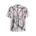 Padded shoulder short sleeve T-shirt with textured three-dimensional line patchwork design