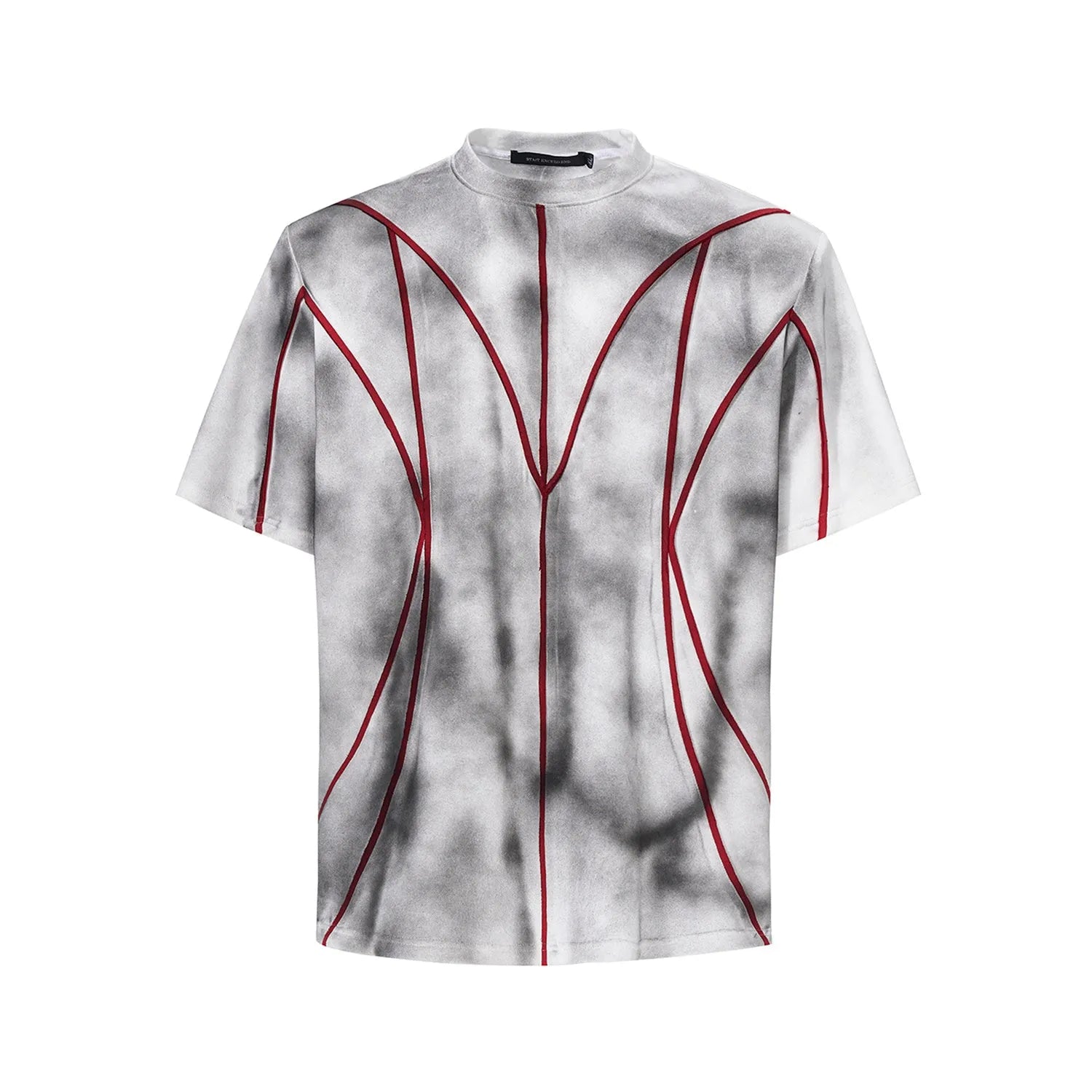 Padded shoulder short sleeve T-shirt with textured three-dimensional line patchwork design