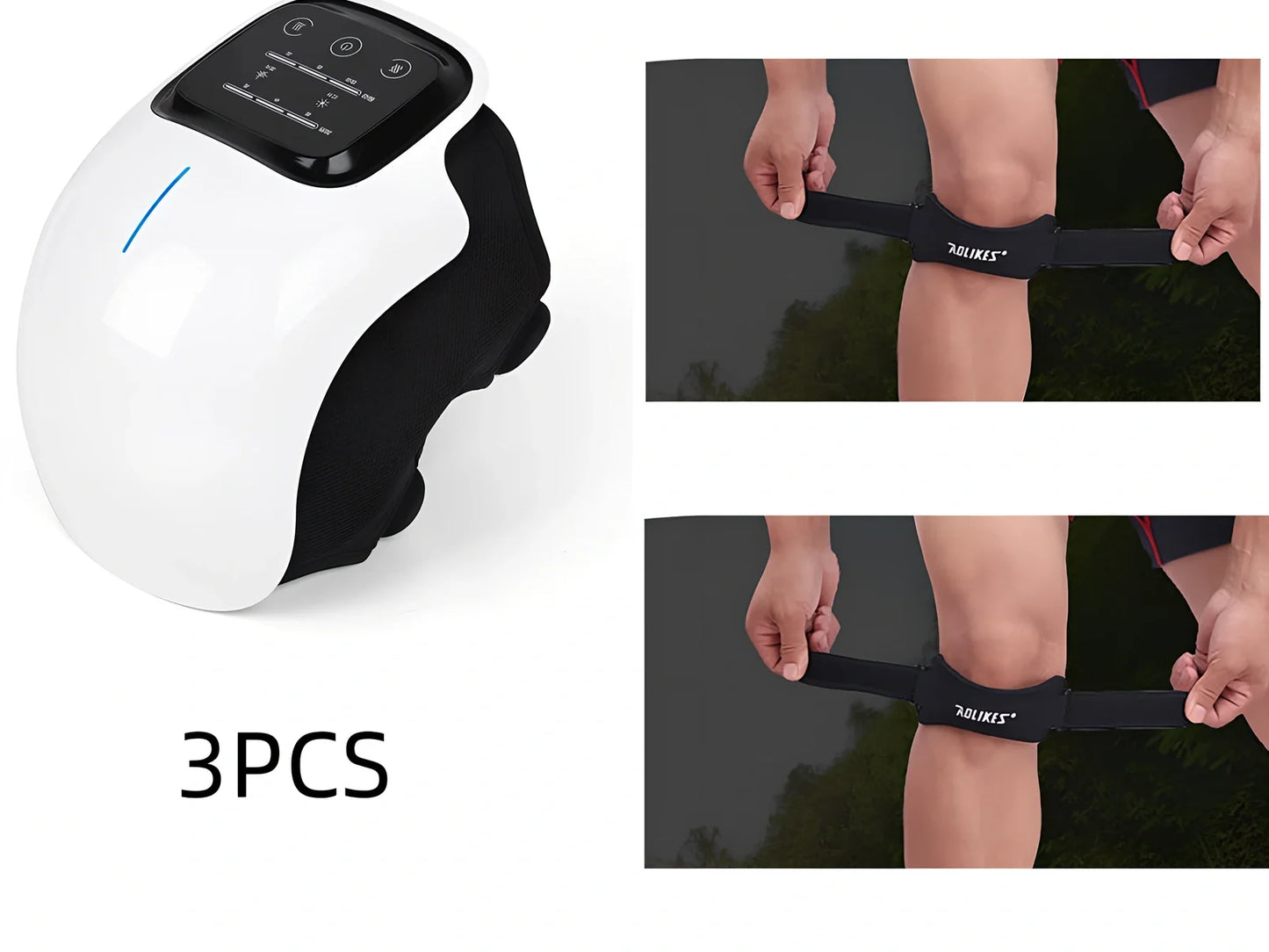 Smart knee massager with adjustable straps and LED display showing intensity levels