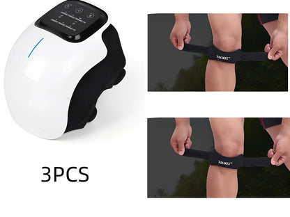 Smart knee massager with adjustable straps and LED display showing intensity levels