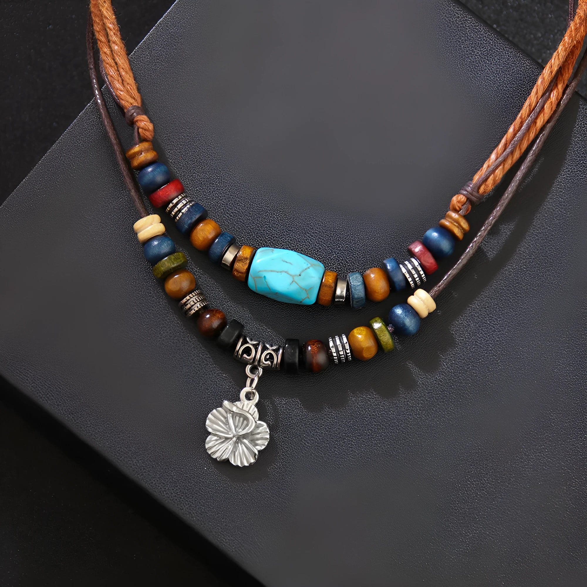 Men's wooden bead necklace with geometric alloy pendant and turquoise wax rope cord