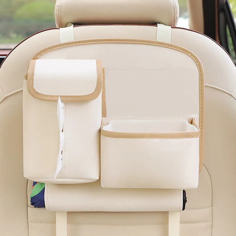 Multifunctional hanging leather car storage bag with cute cartoon design in classic black colour