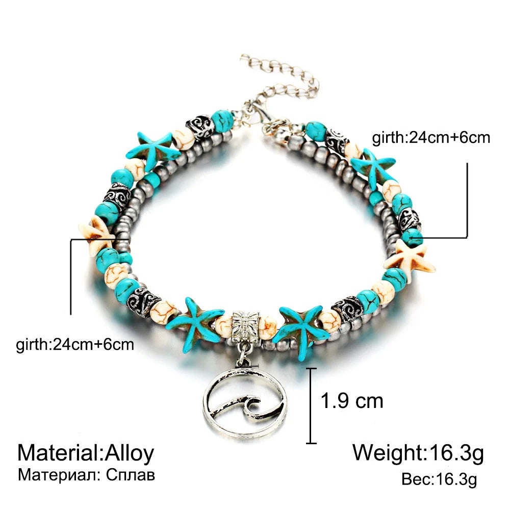 Green and blue star fish anklet for women, beach foot jewelry