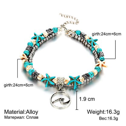 Green and blue star fish anklet for women, beach foot jewelry