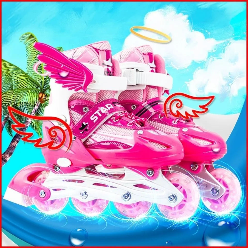 Children adjustable inline skates with flashing wheels, PU upper, Velcro strap, available in pink, blue, red, and yellow