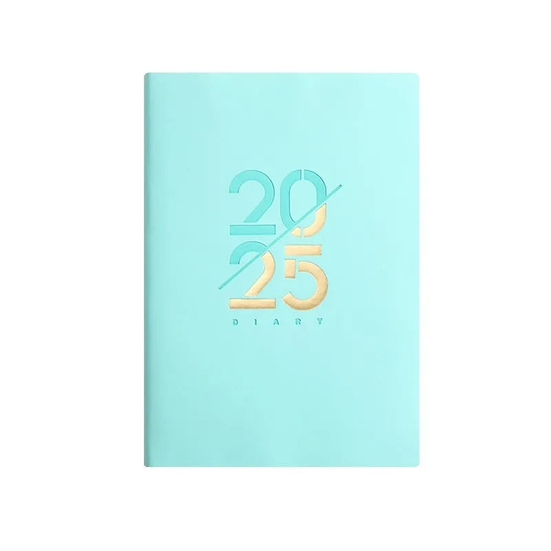 A5 2025 daily planner with soft faux leather cover in blue, green, pink, purple, or yellow.