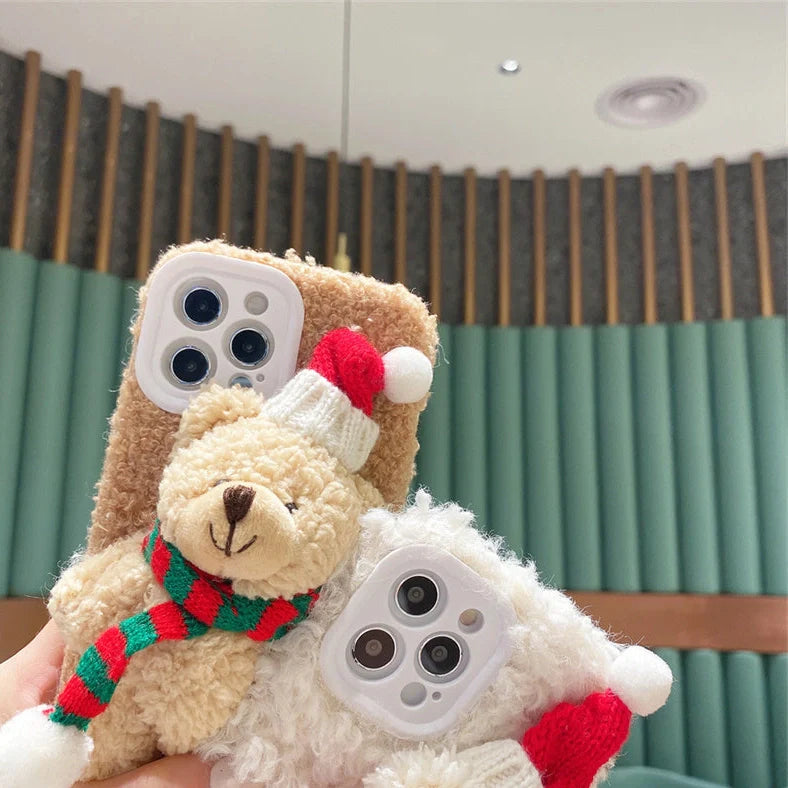 White and brown Christmas bear plush iPhone case showing TPU construction and precise cutouts