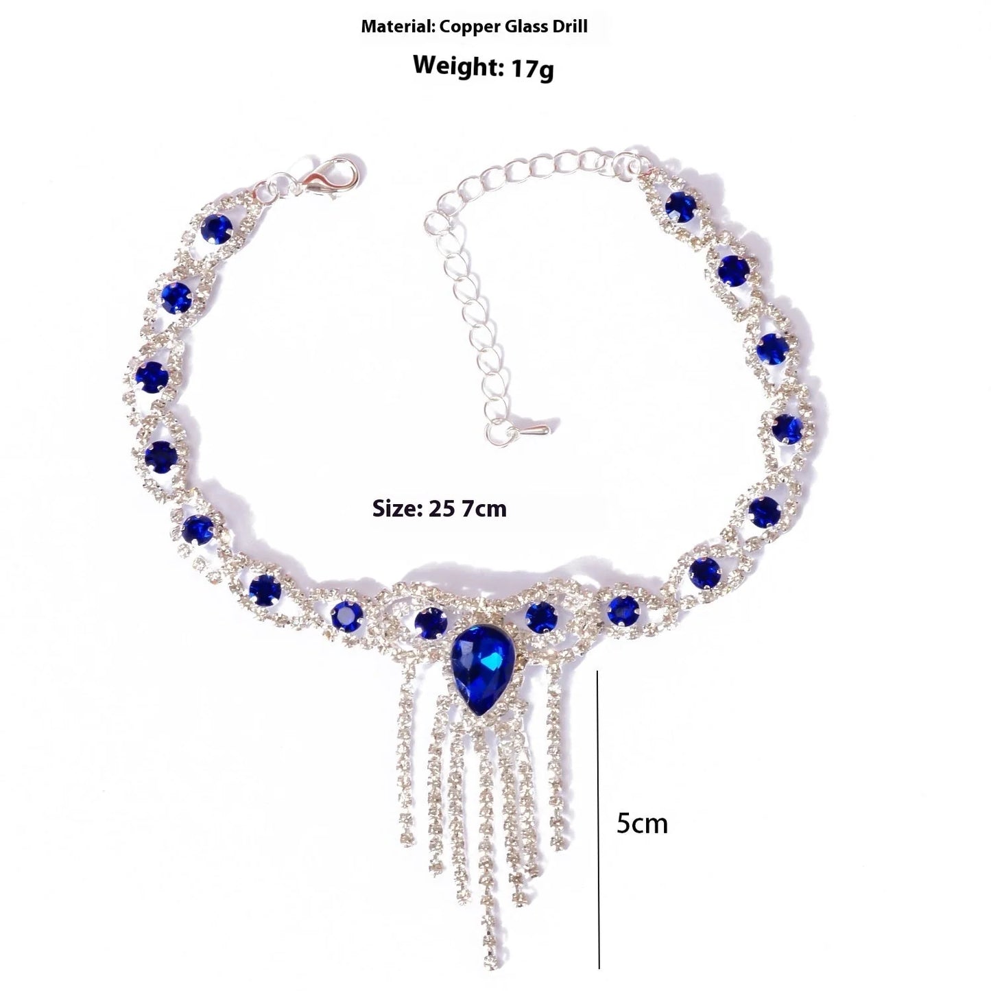 Blue rhinestone tassel anklet with gold-plated accents and semi-precious stones
