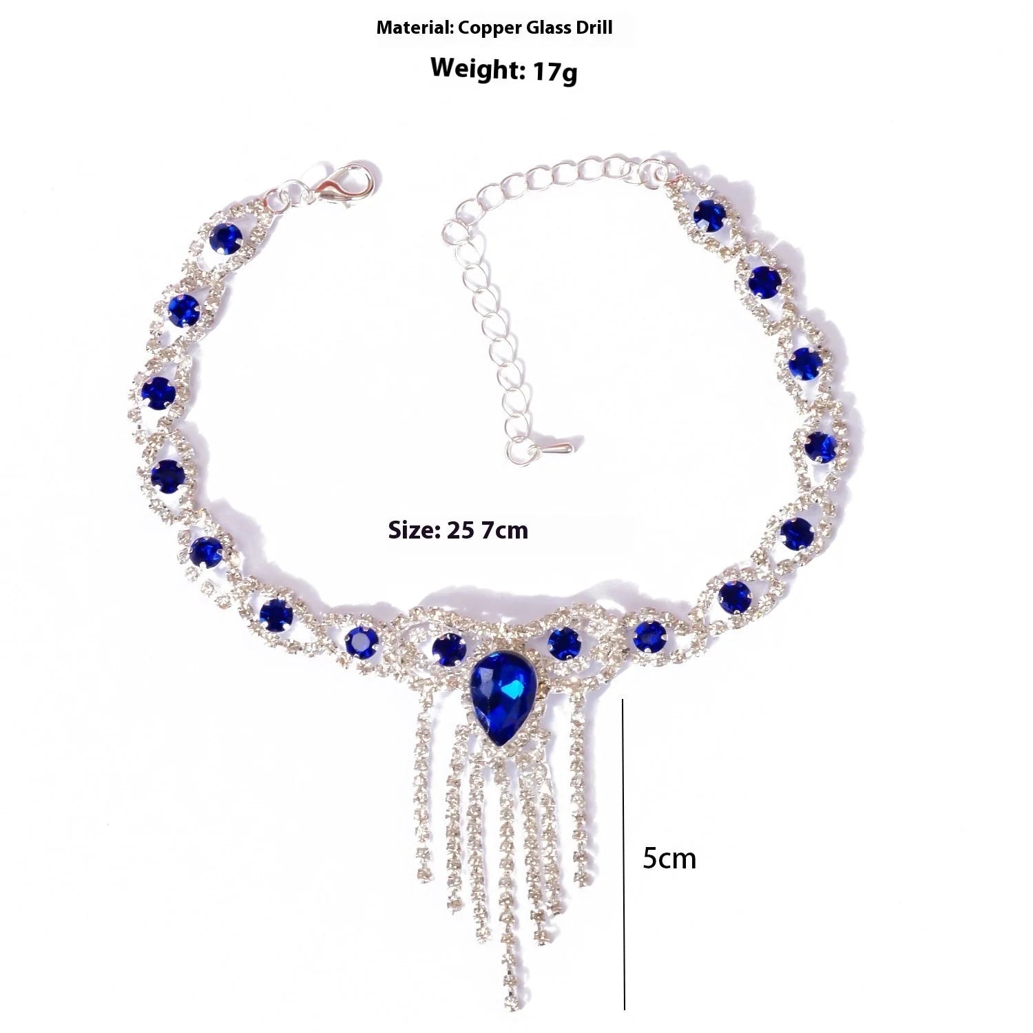 Blue rhinestone tassel anklet with gold-plated accents and semi-precious stones