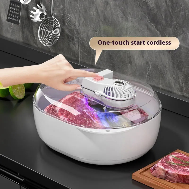 Aluminium quick defrosting board for food on a kitchen countertop.