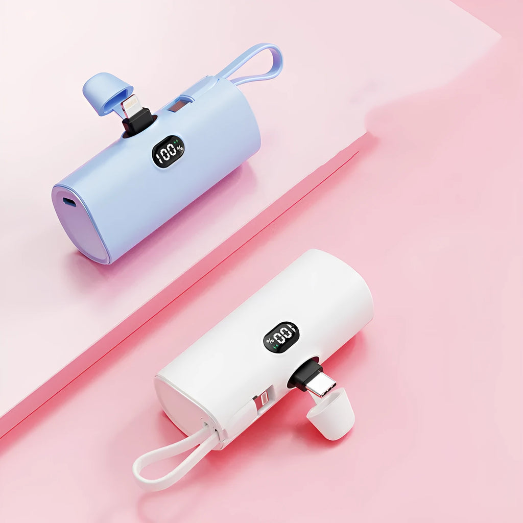 Compact digital display power bank with built-in foldable plug in five colour options.