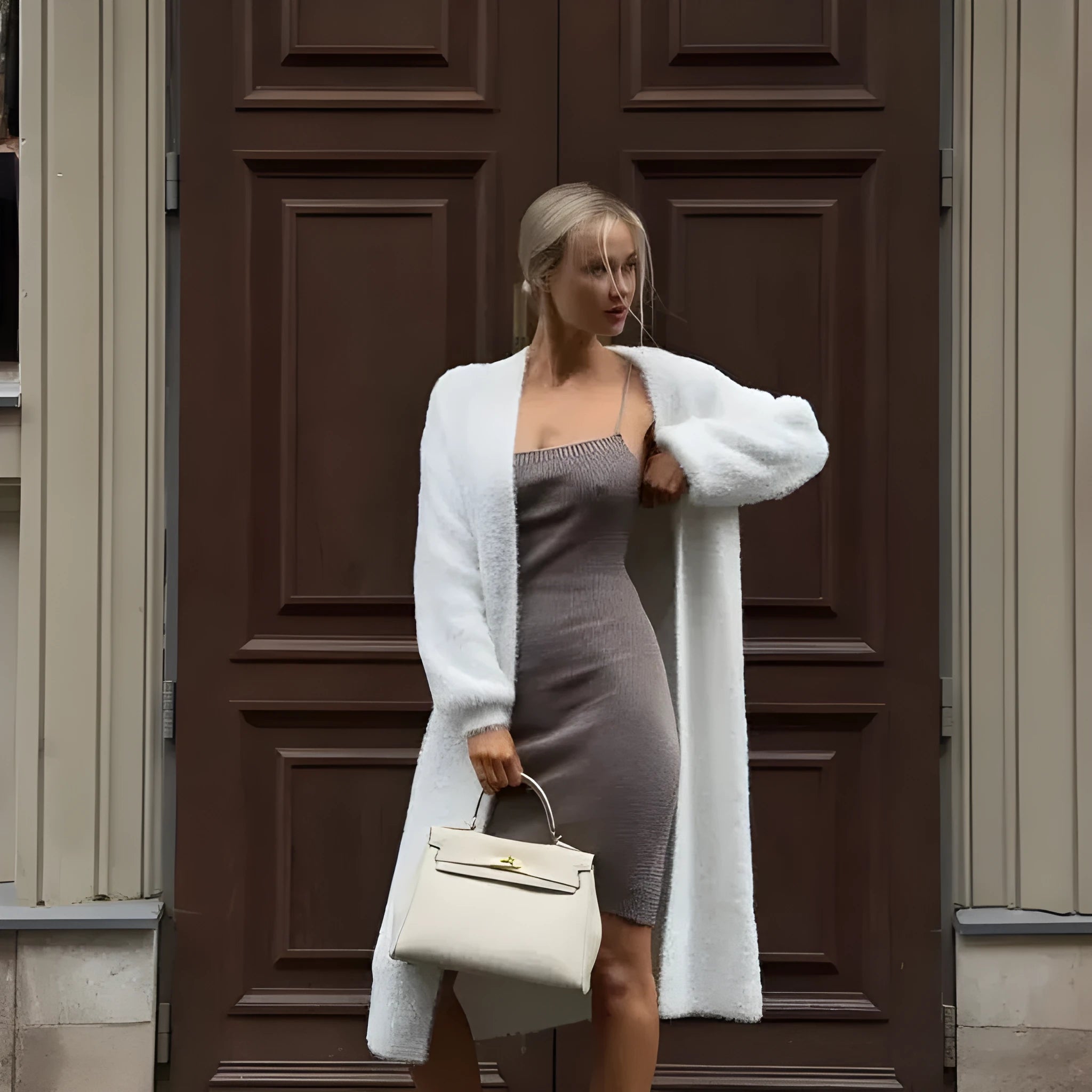 White thick-knit women's cardigan jacket with long sleeves, shown open as a loose-fitting layer.