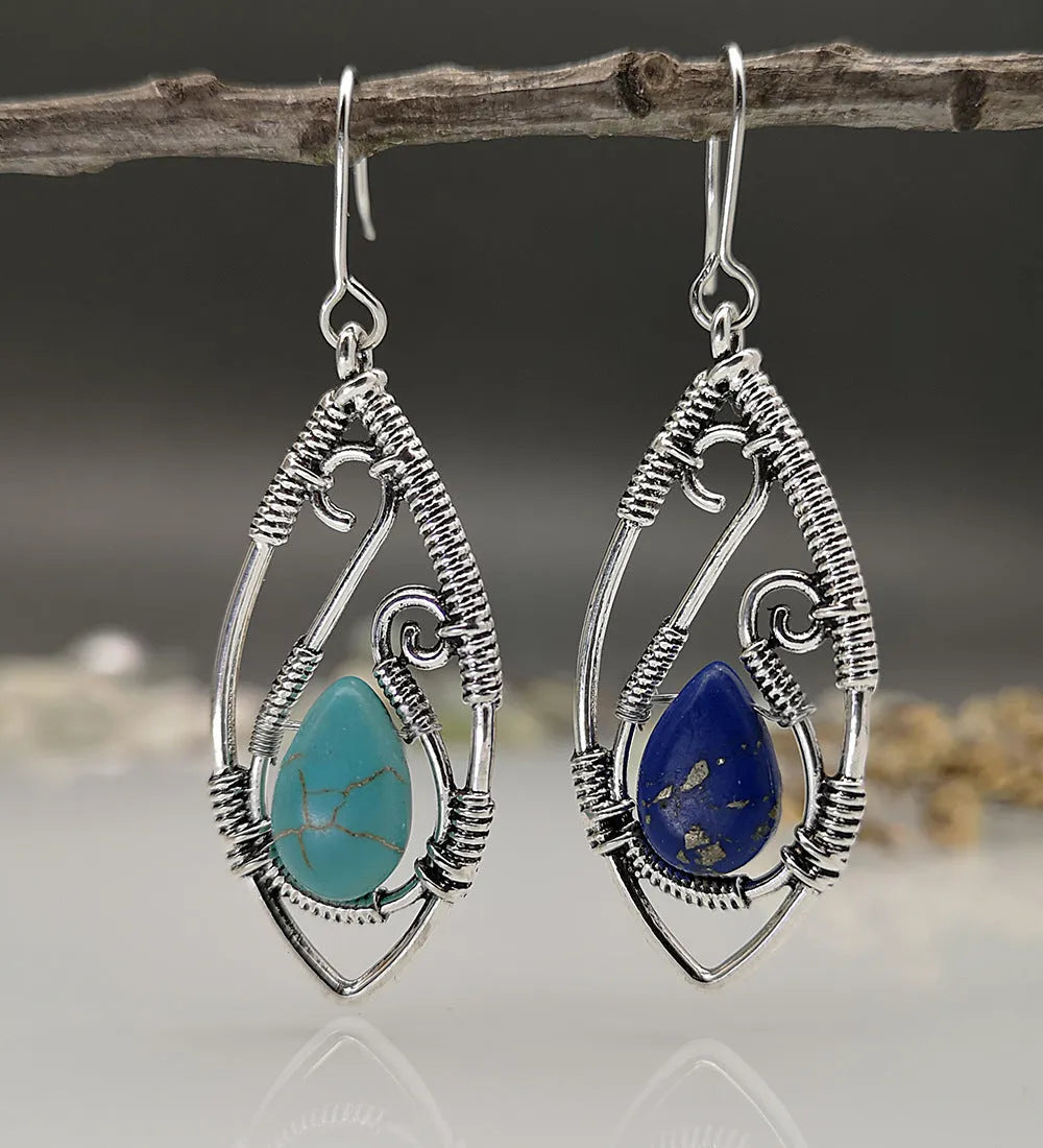 Creative Lapis retro silver string winding turquoise earrings with geometric design