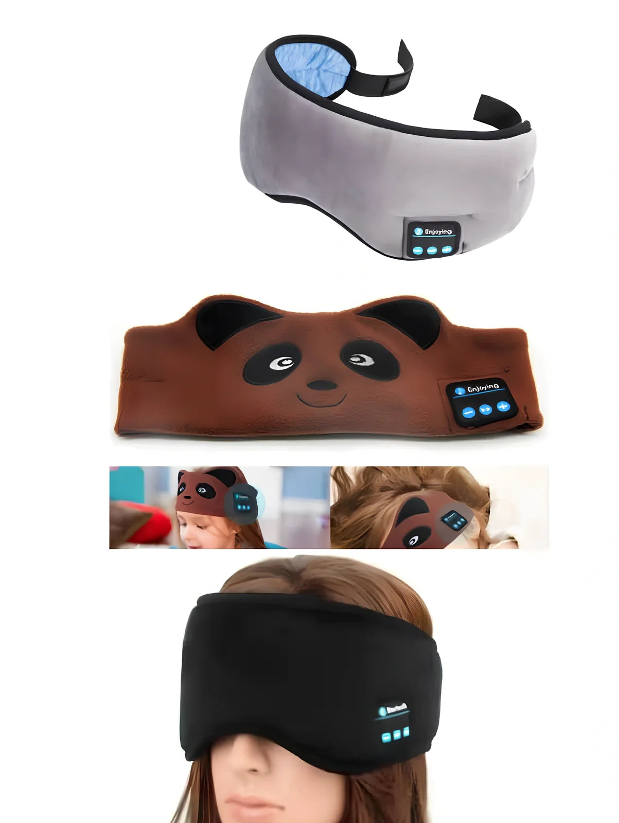 Black wireless Bluetooth eye mask with built-in headphones, 22cm length, for sleep and music playback