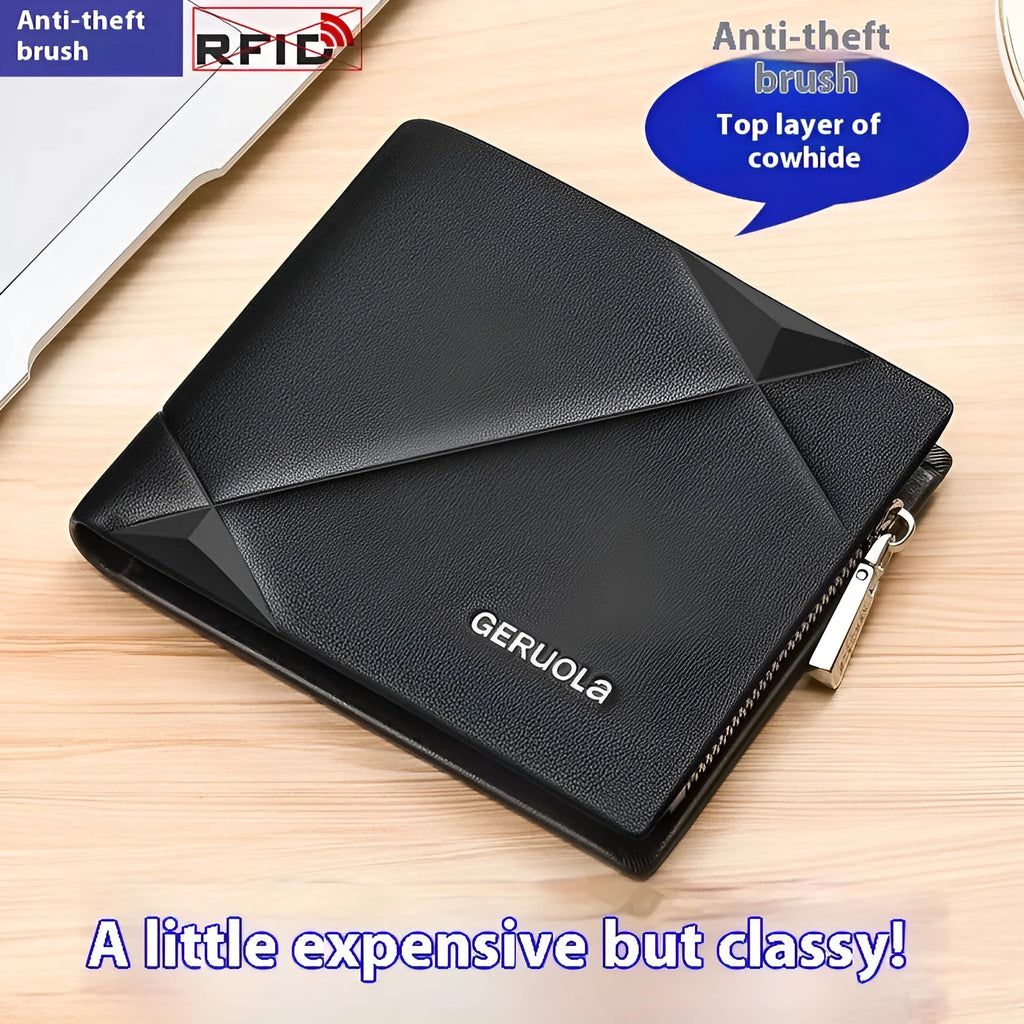 Men's short leather wallet with zip closure and rhombus pattern in black, blue or brown colours