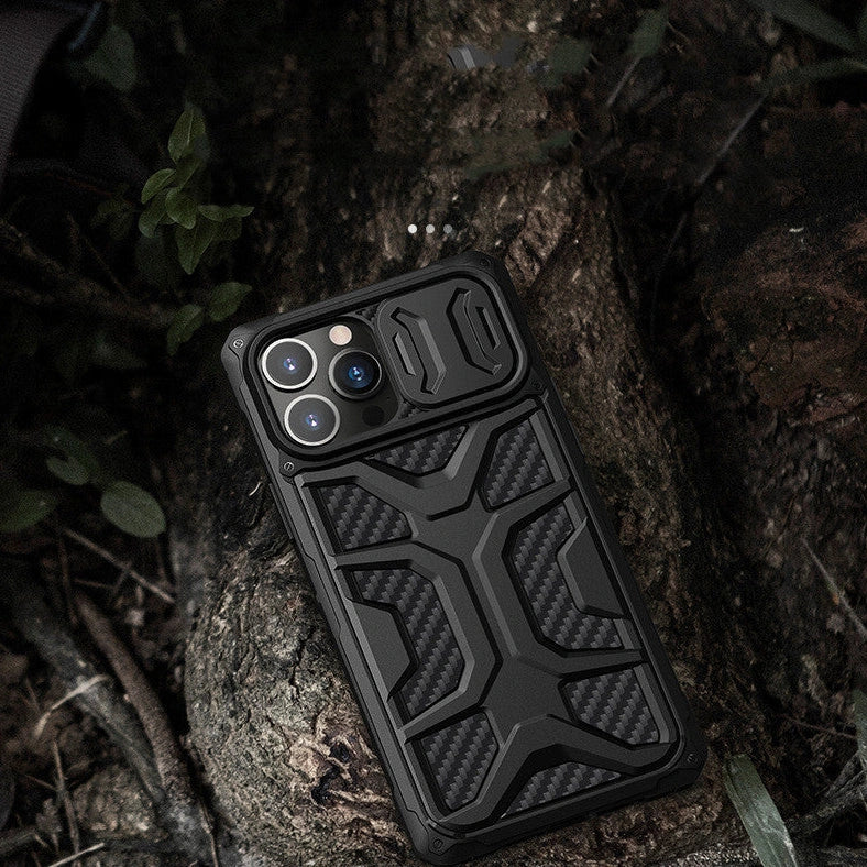 Black TPU+PC iPhone 13 protective case showing reinforced corners and precise port cutouts