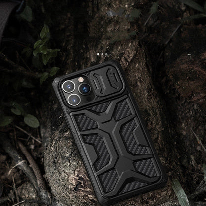 Black TPU+PC iPhone 13 protective case showing reinforced corners and precise port cutouts