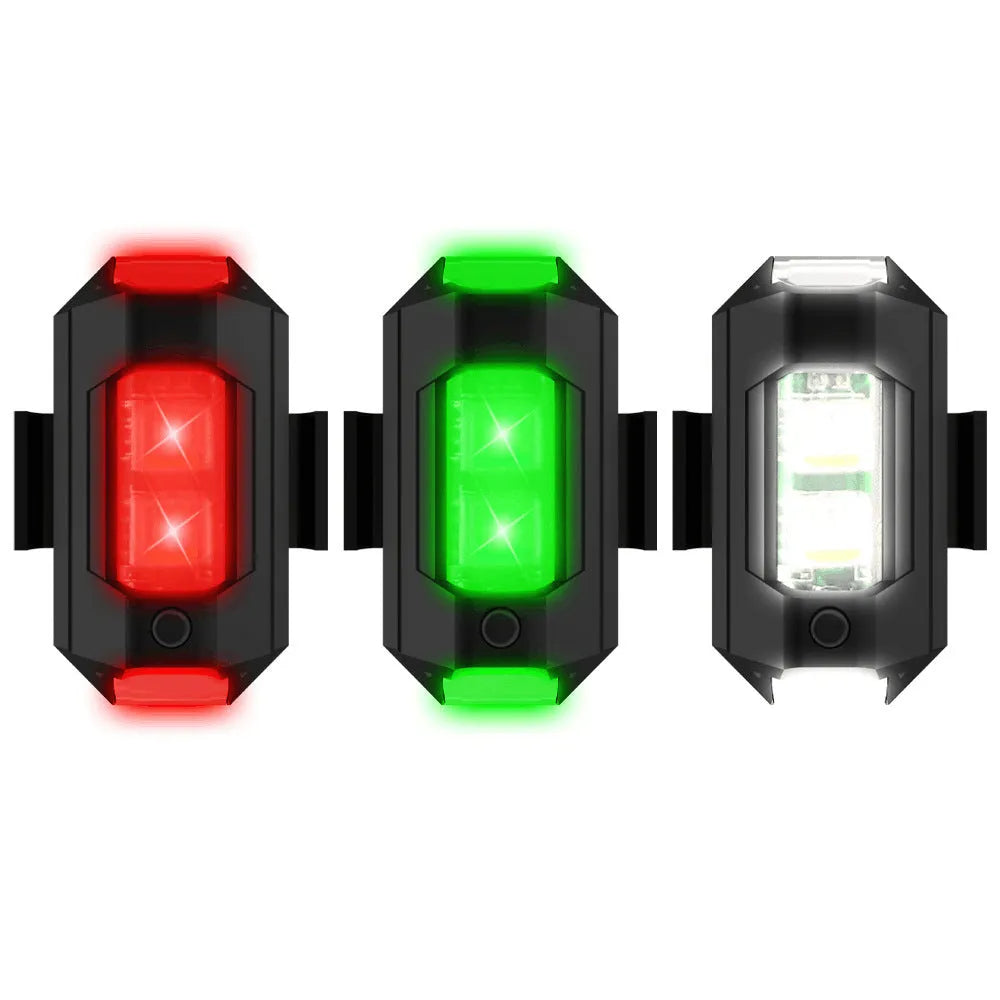 Drone strobe light accessory with 7 colour LED modes, Type-C cable, and mounting tape.