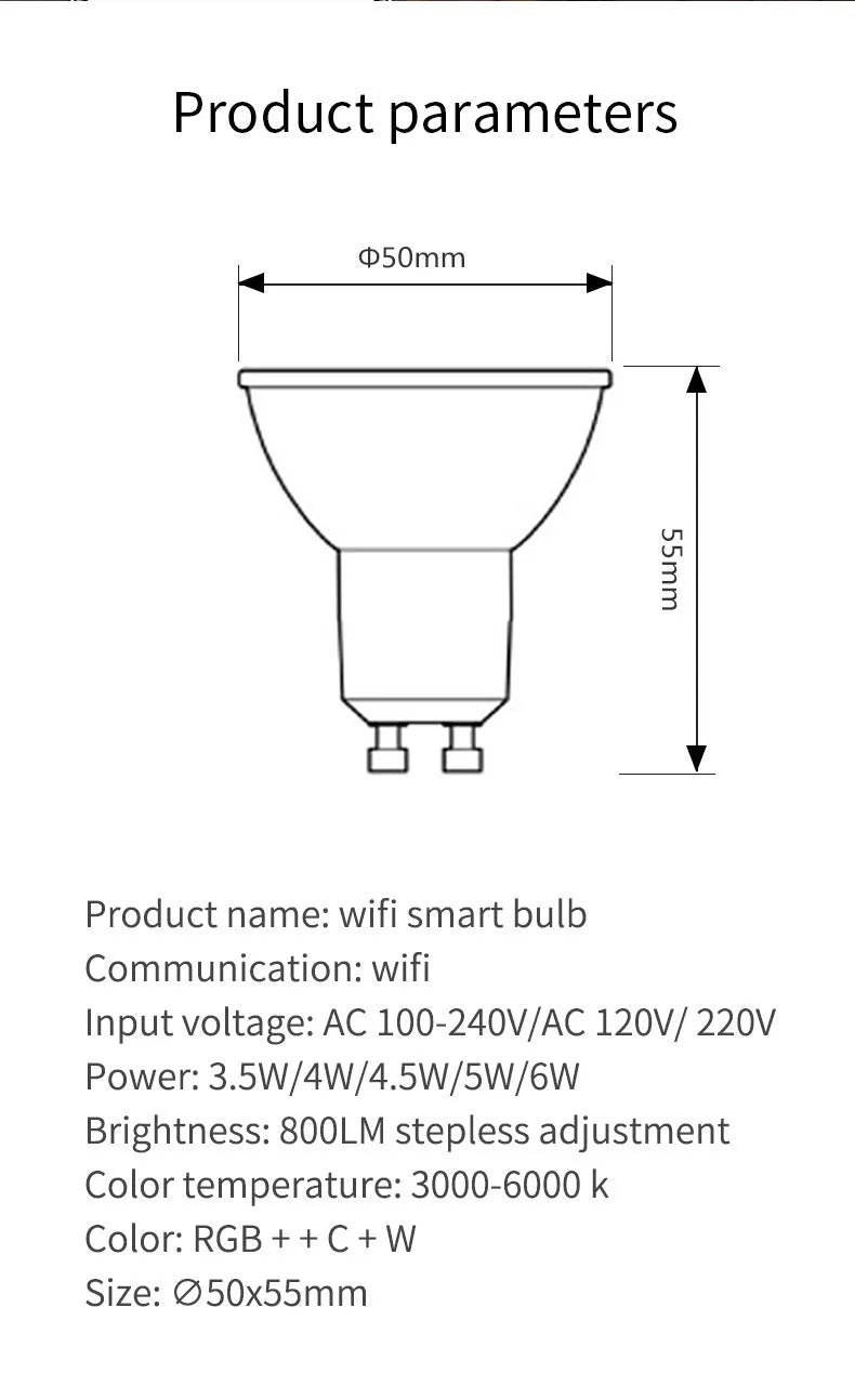 GU10 smart LED spotlight bulb with RGBCCT colours, compact 50x55mm dimensions