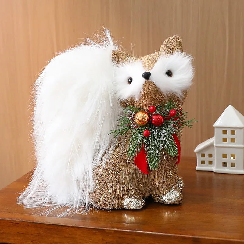 Straw Christmas ornament shaped like a squirrel, 15 cm tall, natural finish