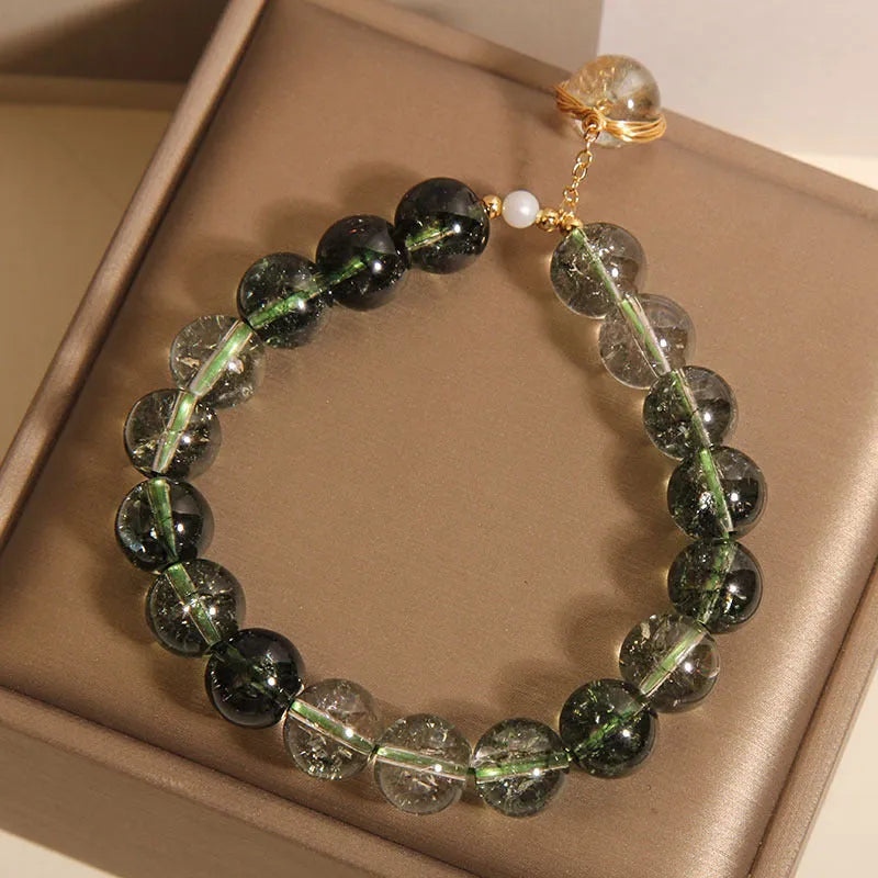 Green phantom quartz and chorite crystal bracelet for women in Japanese Korean style.
