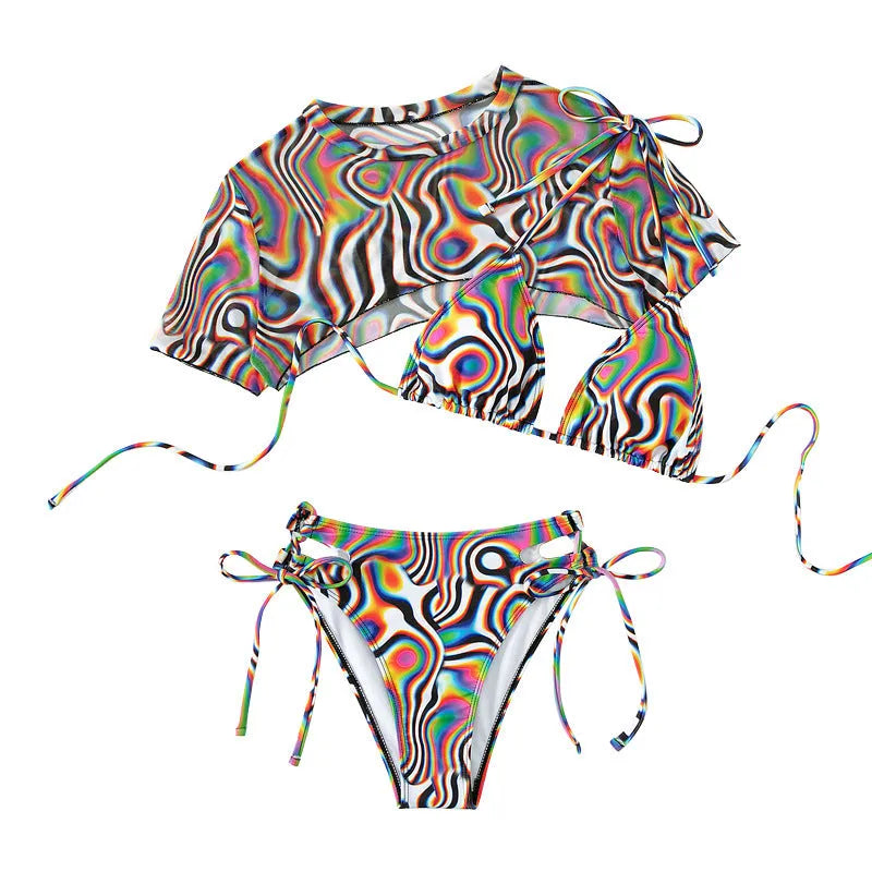 Colourful red women's bikini swimsuit with rope mesh design on a short sleeve top.