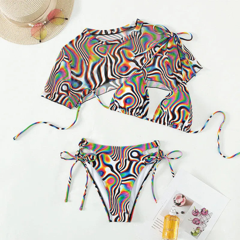 Colourful red women's bikini swimsuit with rope mesh design on a short sleeve top.