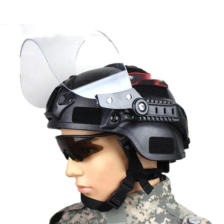 Transparent anti-riot tactical helmet shown in multiple colour options with protective visor