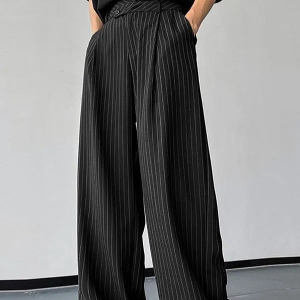 Men's black vertical striped pleated casual trousers with elastic rabbit hair bamboo blend fabric