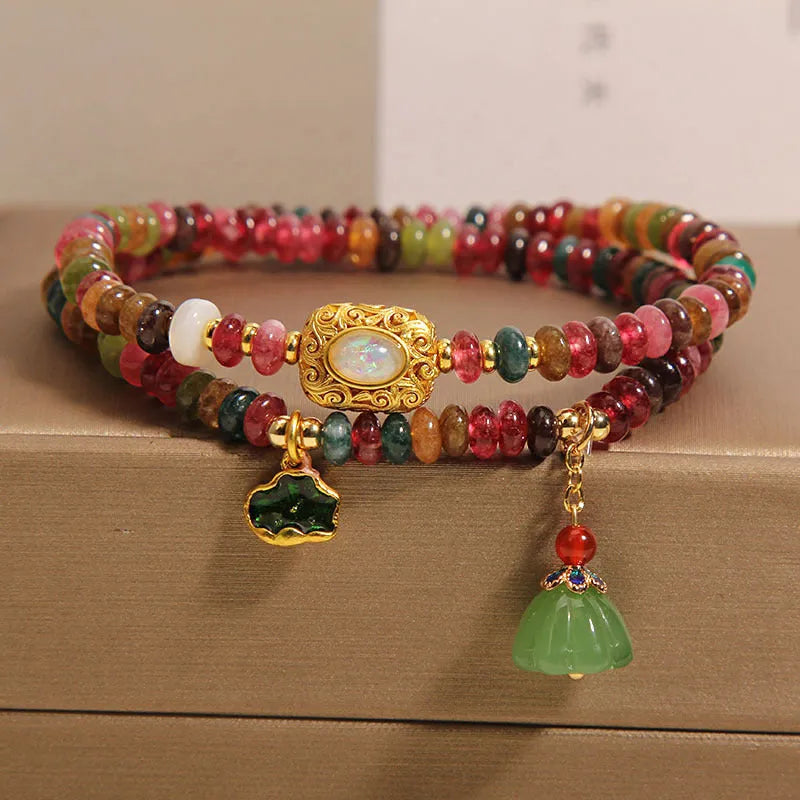 Double ring rainbow tourmaline abacus beads bracelet with lotus leaf and lotus seedpod design for women