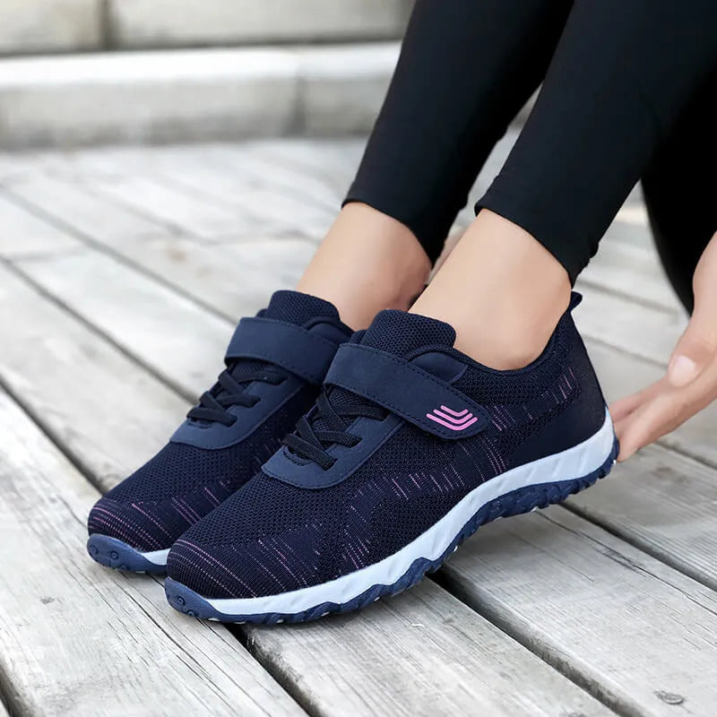Women's grey purple wedge shoes with mesh upper and Velcro strap
