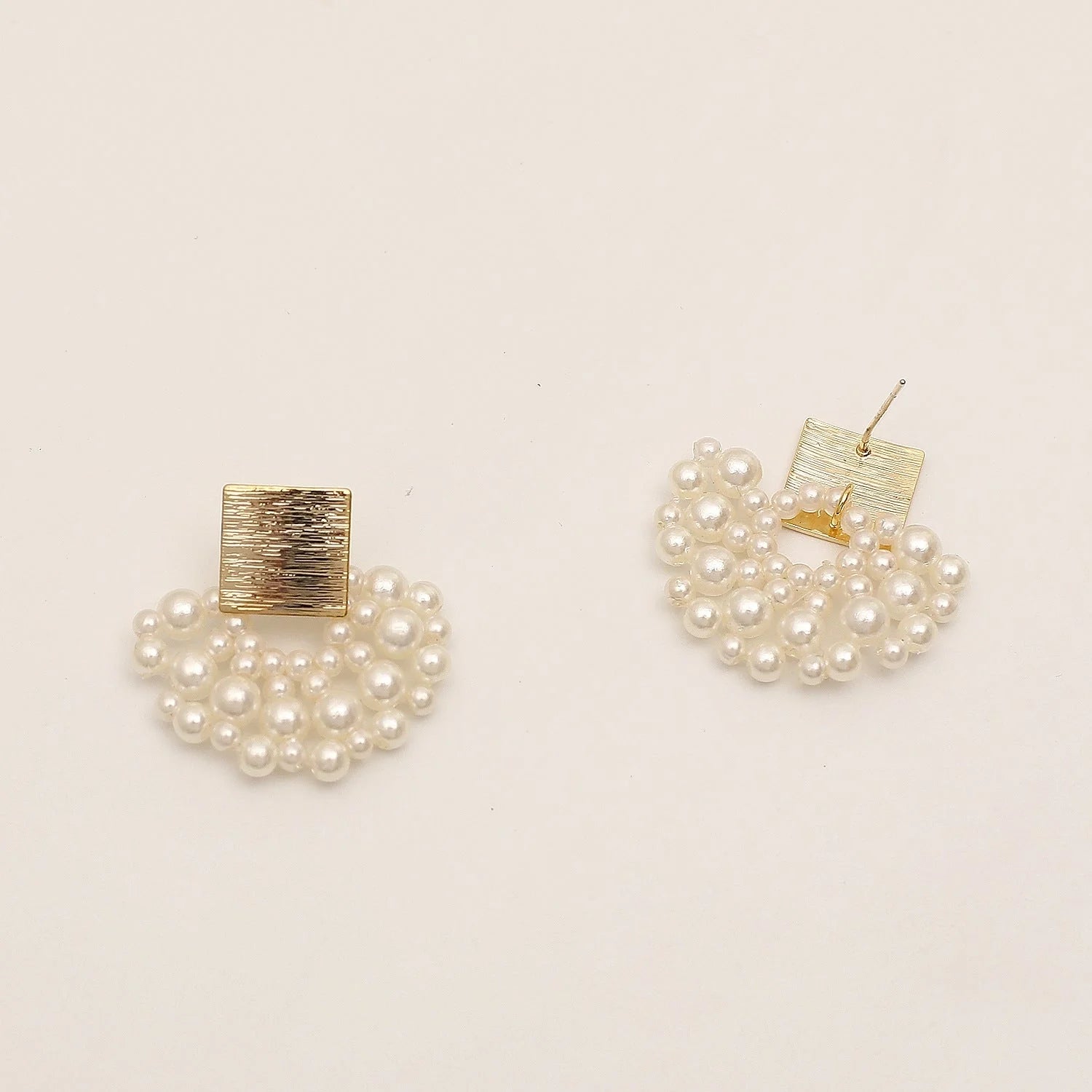 Handmade pearl woven scalloped pearl stud earrings in 14K true gold
