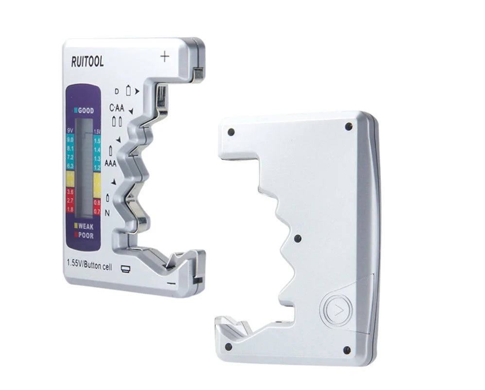 Universal digital battery tester for AA, AAA, 9V, and button cells with LCD display