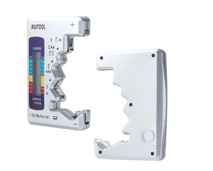 Universal digital battery tester for AA, AAA, 9V, and button cells with LCD display