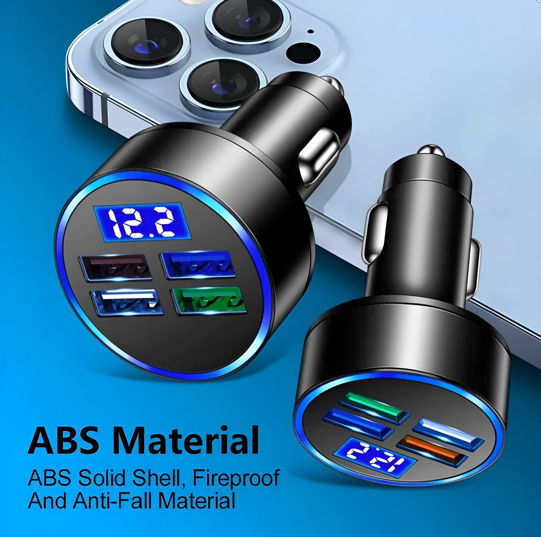 Black four-port USB car charger with cigarette lighter connector