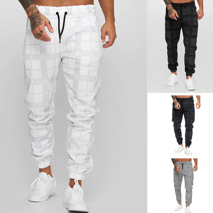 Men's checkered 3D digital print cotton trousers with tapered fit and elastic waistband