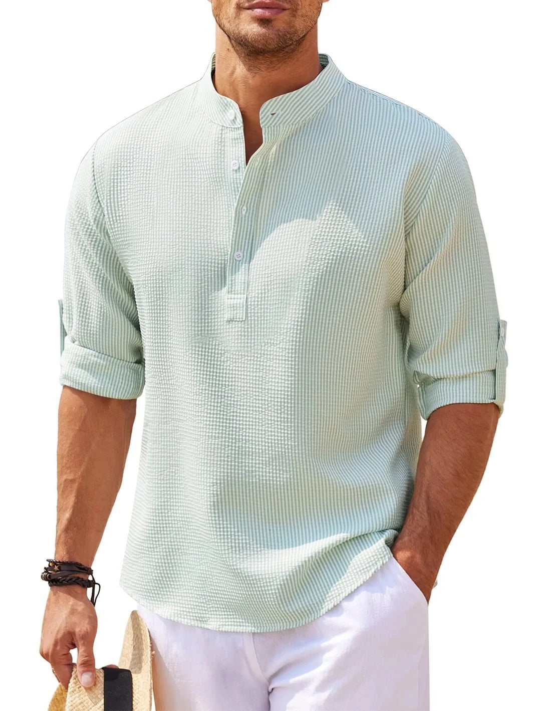 Men's stand collar cotton blend shirt in various colours and sizes for autumn wear