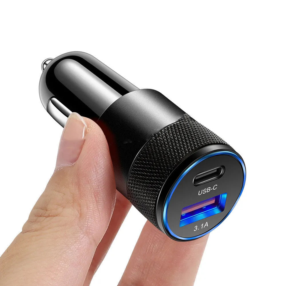 Aluminium alloy dual USB car charger with compact 2.5x6cm dimensions