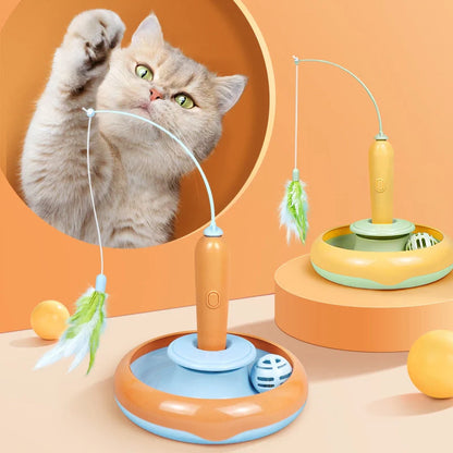 Interactive 2-in-1 cat toy with feather and turntable for self-play, safe and durable design